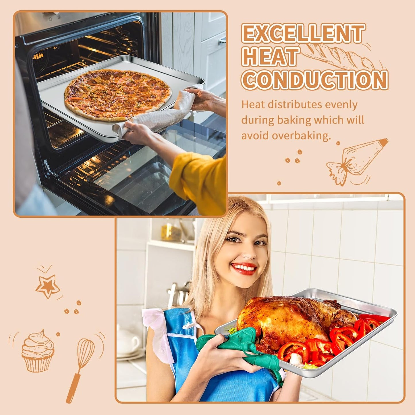 Stainless Steel Baking Sheet Set of 2, Deedro Cookie Sheet Metal Baking Pan Oven Tray, Non Toxic & Heavy Duty, Rust Free & Mirror Finish, Easy Clean & Dishwasher Safe, 17.3 x 12.3 x 1 Inch