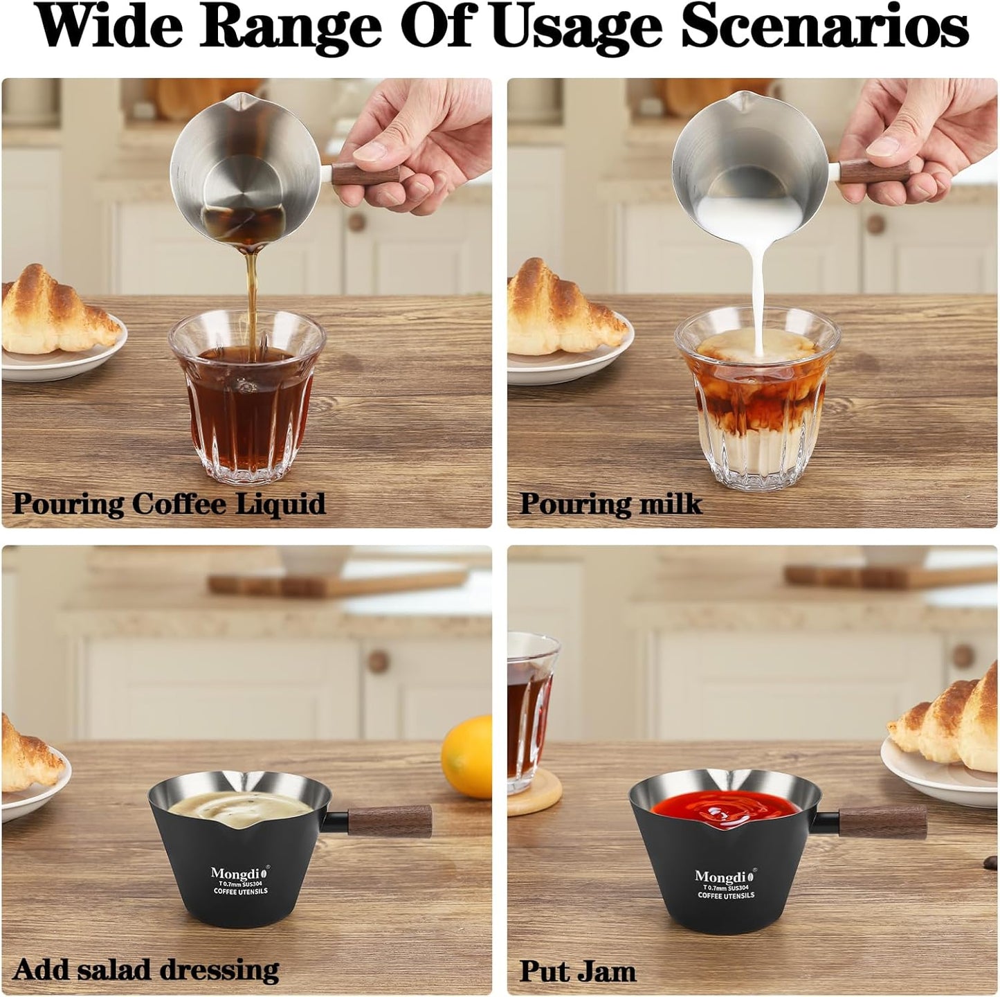 Mongdio 2 Pcs Espresso Measuring Cup, Stainless Steel Espresso Shot Cups with Wooden Handle and Double Spouts, 6.8OZ/200ML, Black