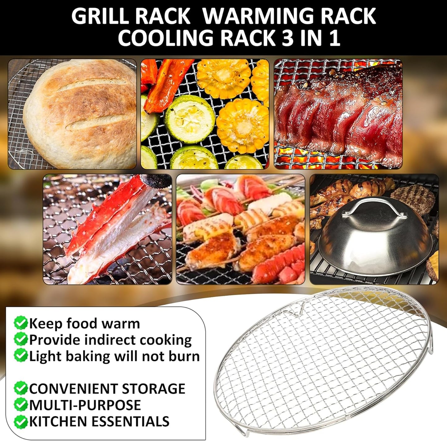 Cooling Racks Set with 2 x Dish Racks, 1 x 12" Basting Cover Dome and 2 x Oil Bottle, Premium 304 Stainless Steel Steamer & Canning Rack for Cooking and Baking