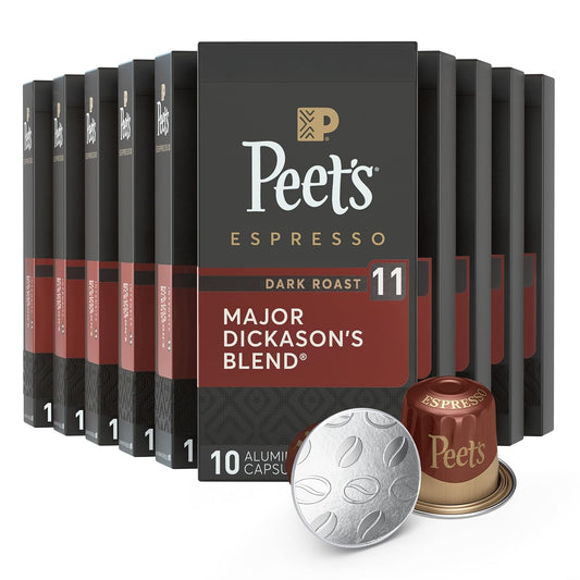 Peet's Coffee, Dark Roast Espresso Capsules, Compatible with Nespresso Original Machines - Major Dickason's Blend, Intensity 11, 100 Count (10 Boxes of 10 Espresso Capsules)