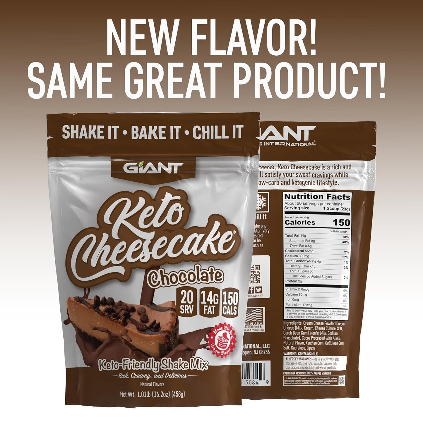 Giant Sports Keto Cheesecake Shake Mix - Delicious Low Carb, Ketogenic Diet Gluten Free Powder Mix - Works Great with Almond Milk - Chocolate (20 Serving Bag)