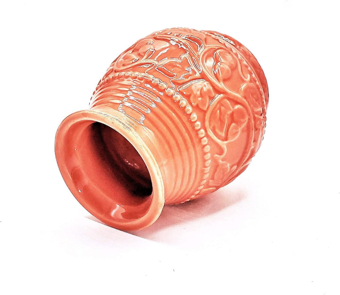 Ceramic Yerba Mate Gourd With Emboss Calabash Pattern (Coral With Straw)