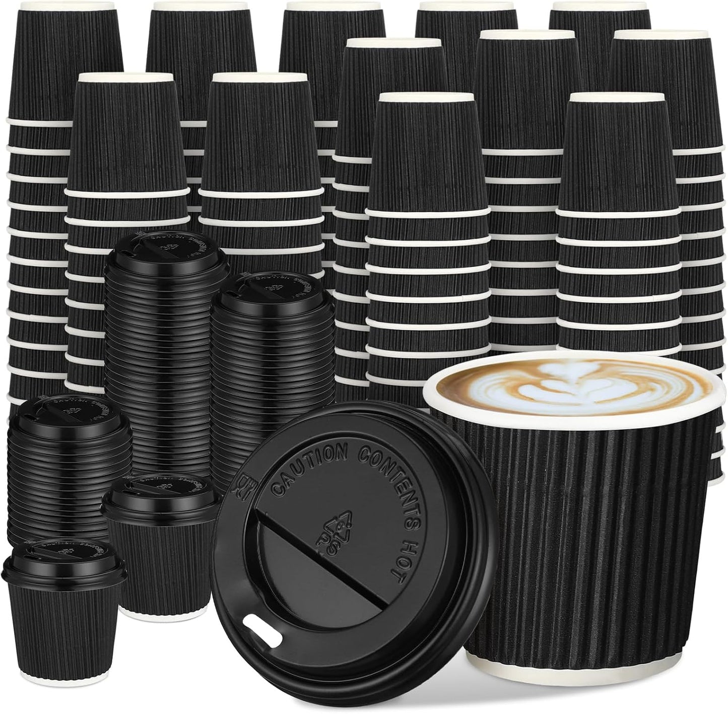 Uiifan 100 Set 4oz Disposable Espresso Cups with Lids Ripple Corrugated Paper Disposable Coffee Insulated Hot Ripple Cups for hot Chocolate, Tea, and Cocoa Drinks(Black)