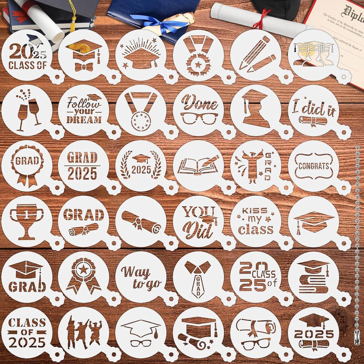 JULBEAR Graduation Cookie Stencils, 36 Pieces Class of 2025 Reusable Coffee Decoration Stencils Templates Tools for Cookies Baking Painting Dessert Decoration DIY Graduate Party Decor