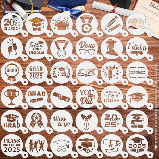 JULBEAR Graduation Cookie Stencils, 36 Pieces Class of 2025 Reusable Coffee Decoration Stencils Templates Tools for Cookies Baking Painting Dessert Decoration DIY Graduate Party Decor