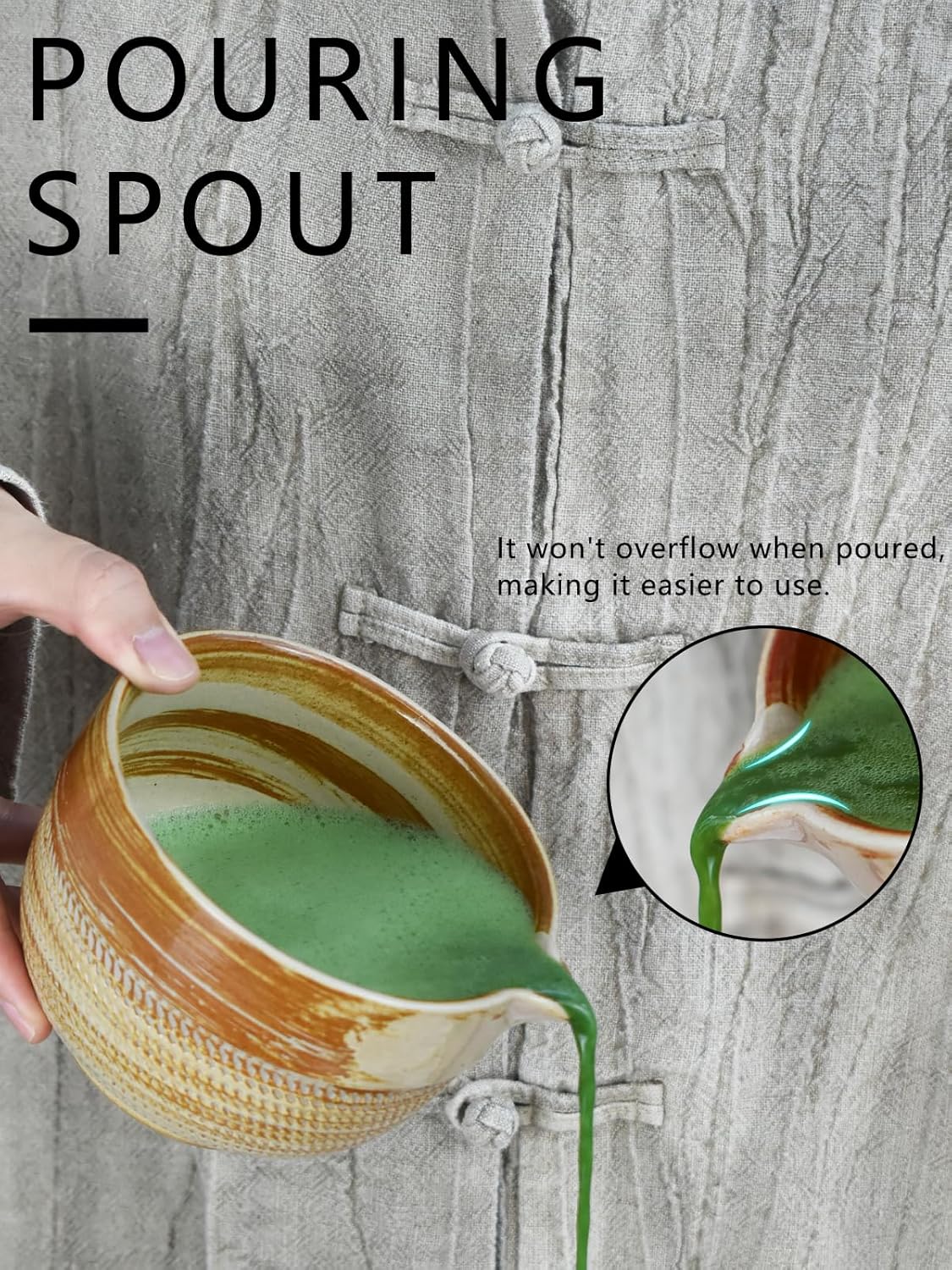 Matcha Tea Set – 4 Piece Traditional Japanese Matcha Kit with Beige & Brown Ceramic Spout Bowl, Whisk, Holder, Scoop & Guide – Authentic Tea Ceremony Set for Home Use