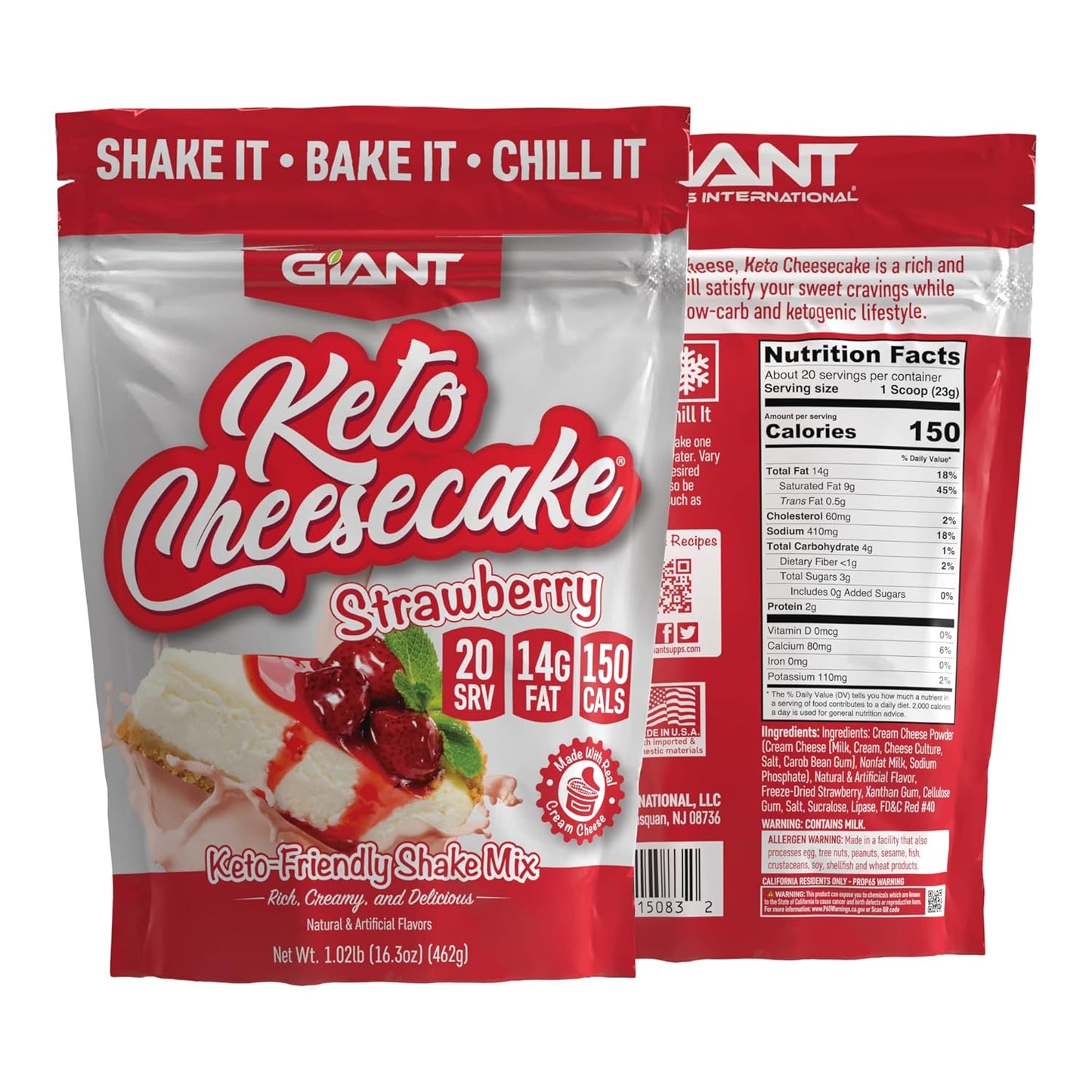 Giant Sports Keto Cheesecake Shake Mix - Delicious Low Carb, Ketogenic Diet Gluten Free Powder Mix - Works Great with Almond Milk - Strawberry (20 Serving Bag)