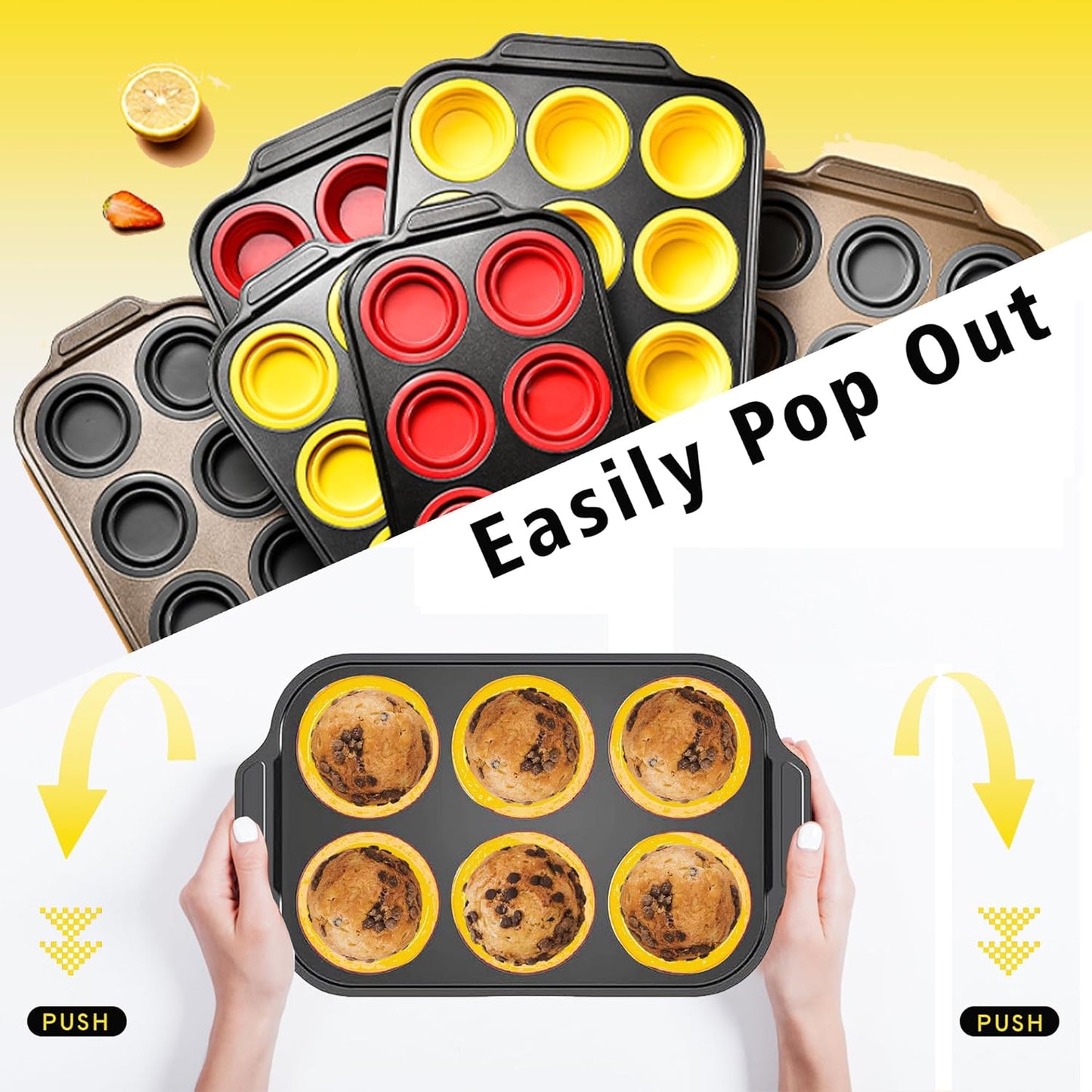 Silicone Muffin Pan Set, 6 Cups Cupcake Pan, With Metal Frame Nonstick Press to Easily Pop Out for Baking Homemade Muffins,Breads, Cupcakes, Egg Bites, BPA-Free Silicone (Yellow, 6Cups)