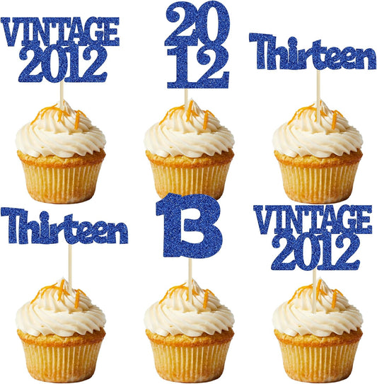Gyufise 24Pcs 13th Birthday Cupcake Toppers Glitter Thirteen Vintage 2012 Official Teenager 13 Cupcake Picks Birthday Cake Decorations for Happy 13th Anniversary Party Supplies Deep Blue