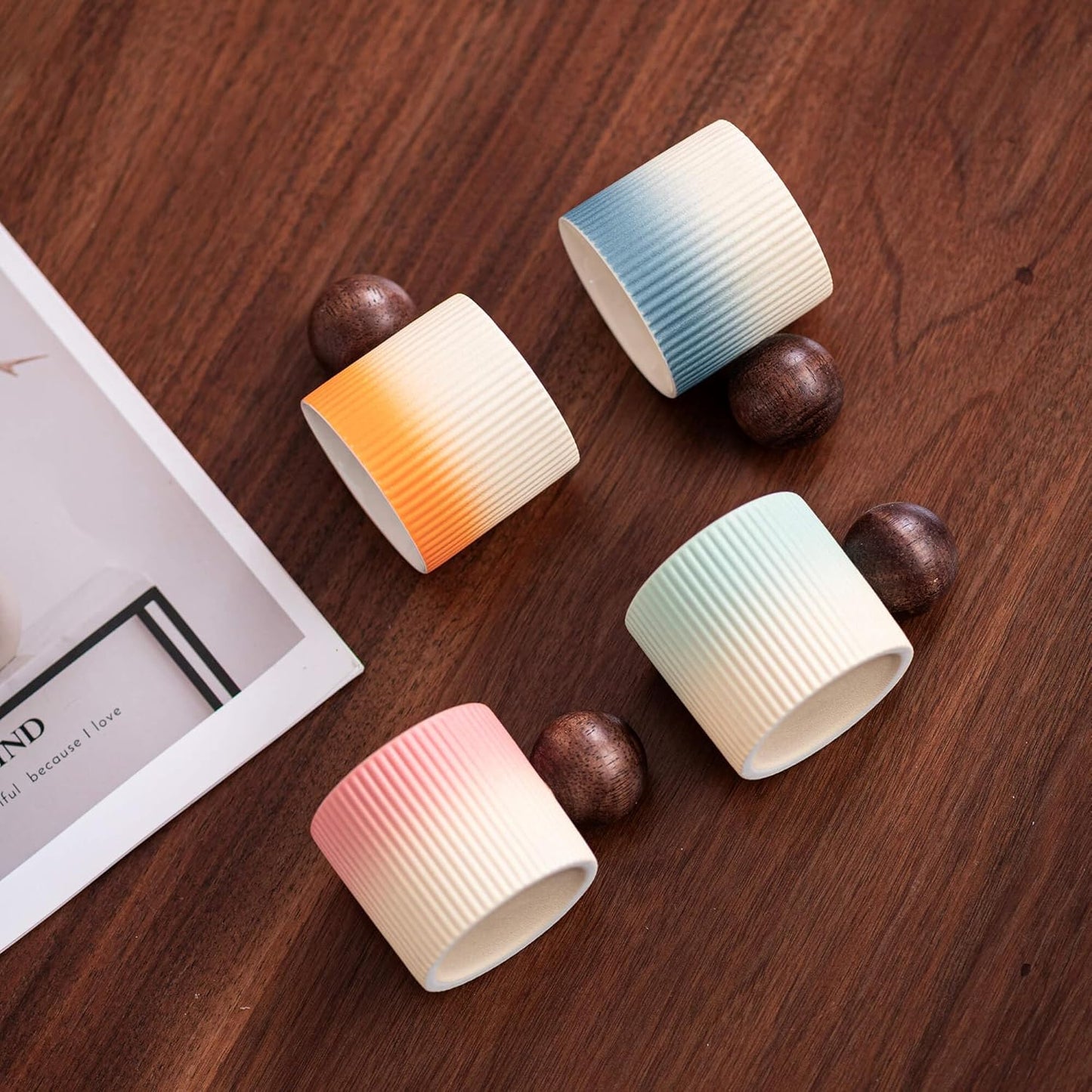 Ceramic Mini Espresso Cups Demitasse Cups with Round Wooden Handle Vertical Stripes Tea Cups (Beige&Orange, 4pcs)