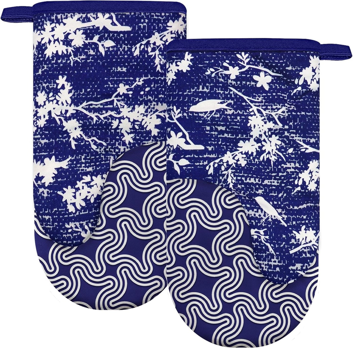 Thumb Oven Mitts, Heat and Slip Resistant Silicone Kitchen Mittens 2-Pack Set, Birds Flower Soft Long Oven Gloves, Flexible Thick Potholders for Safe Baking Cooking and Grilling (Navy)
