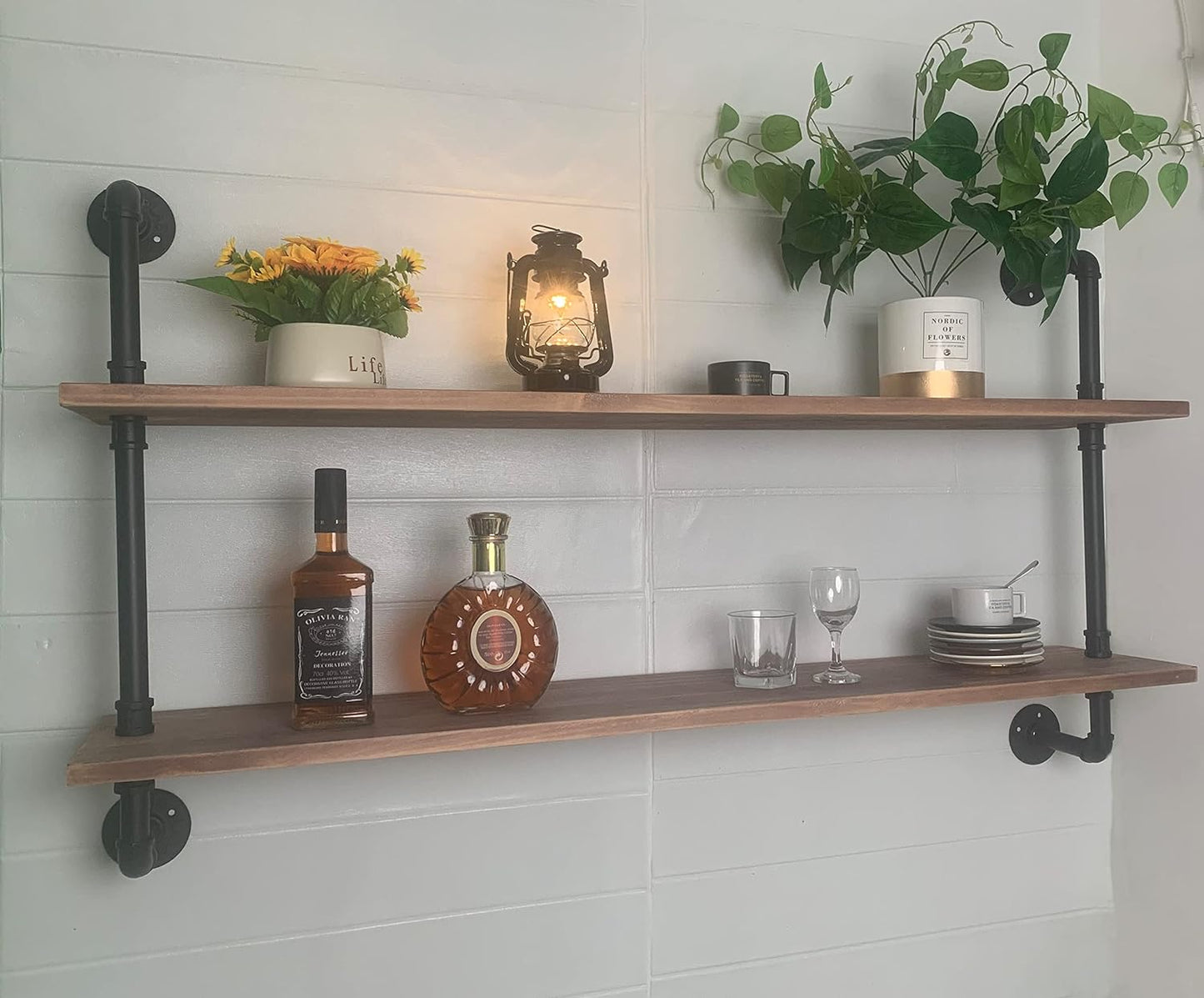 Pipe Shelves Industrial Pipe Shelving Shelves Real Wood Industrial Floating Pipe Shelves with Wood Planks 48 inch Wall Shelves Rustic Hanging Bookshelf Farmhouse Kitchen Bar Shelving