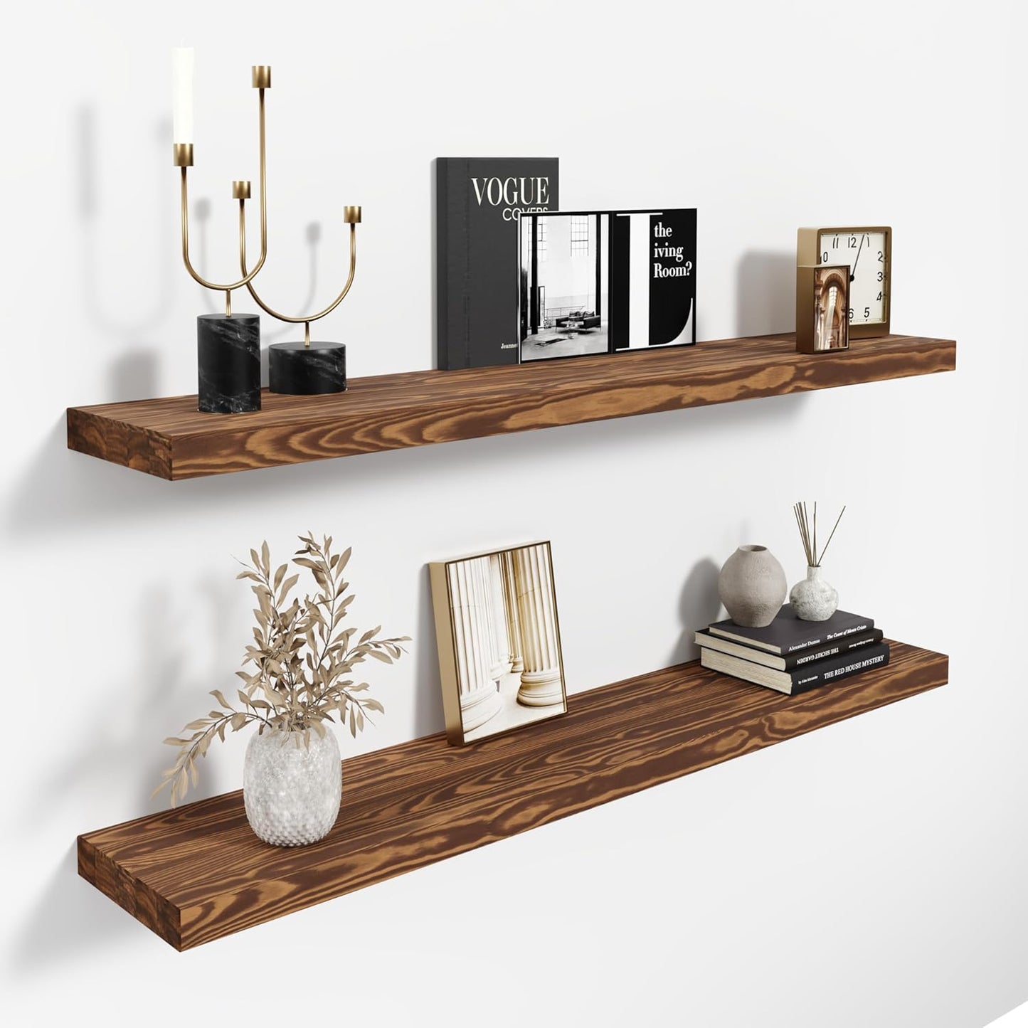 36'' Pine Wood Floating Shelves for Wall- Set of 2 - Rustic Wall Mounted Wooden Shelf for Stylish Home Décor (Light Walnut, 36x6.5x1.25)