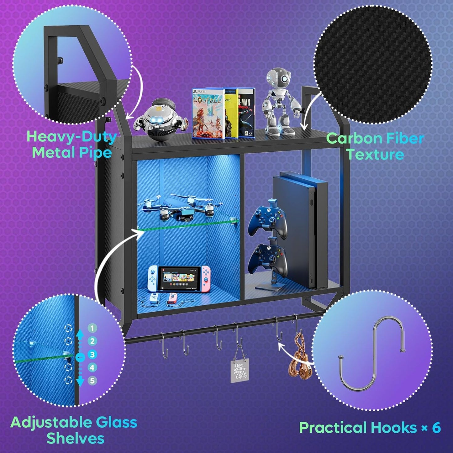 Bestier 25" LED Gaming Floating Shelves for Wall, Wall Mounted Shelf Pipe Adjustable Glass Shelves, Hanging Display Rack with 6 S-Hooks Towel Bar, Gaming Room Decor Shelf, Carbon Fiber Black