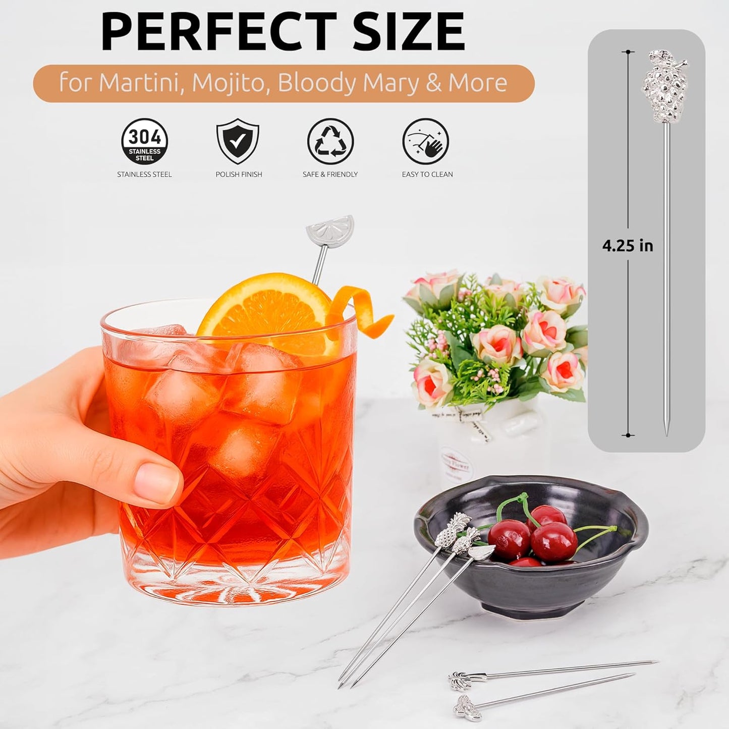 DEMIGO Fruit-Shaped Cocktail Picks, 8 Stainless Steel Reusable Skewers with Tropical Toppers - Olive Stuffers Martini Picks set Fruit Toothpicks Garnish Skewers Appetizer Drink Stick