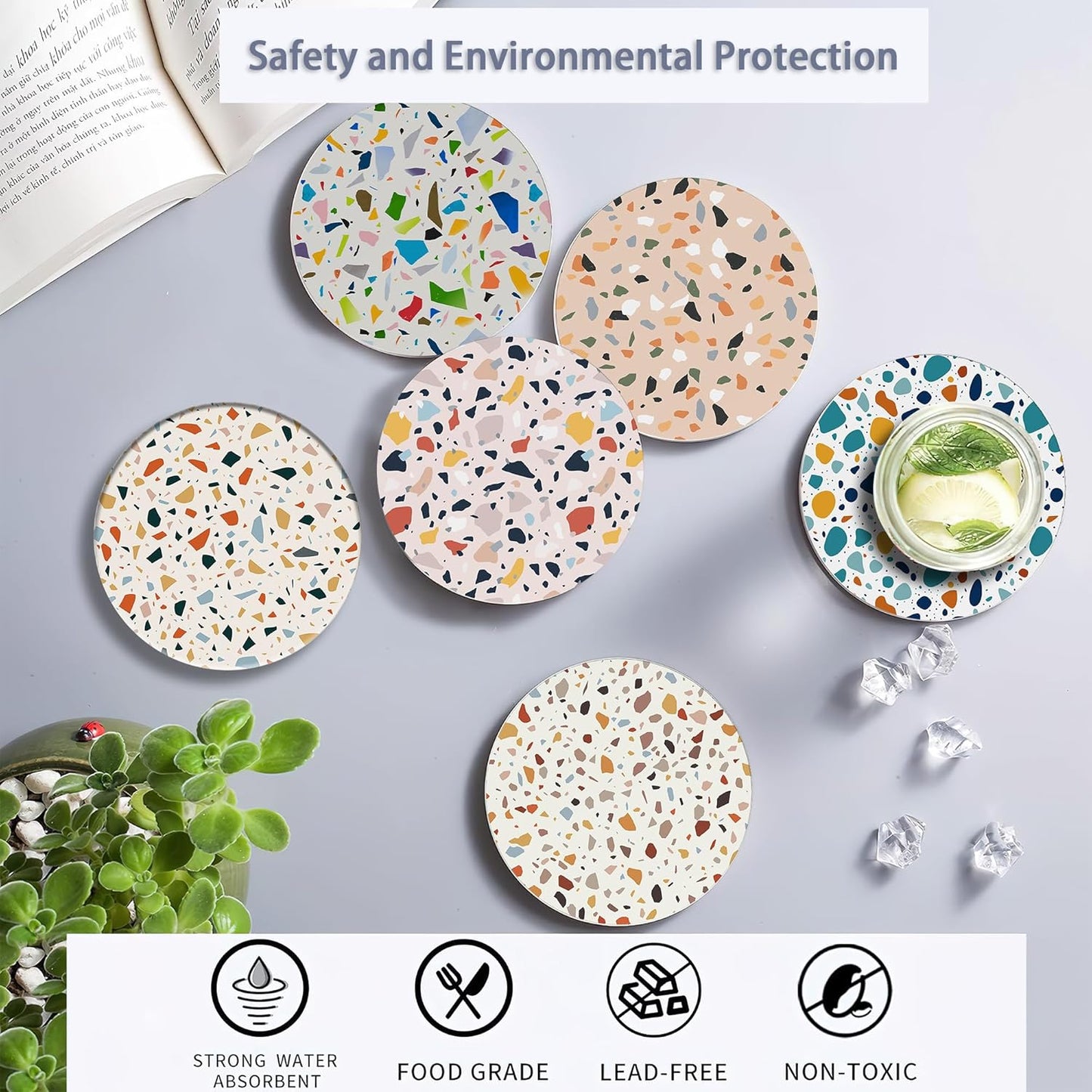 6 Pcs Coasters for Drinks with Holder, Terrazzo Marble Absorbent Ceramic Coasters with Cork Base,Cute Funny Table Drinks Coasters Tabletop Protection Mat,Table Home Decor,4 Inches