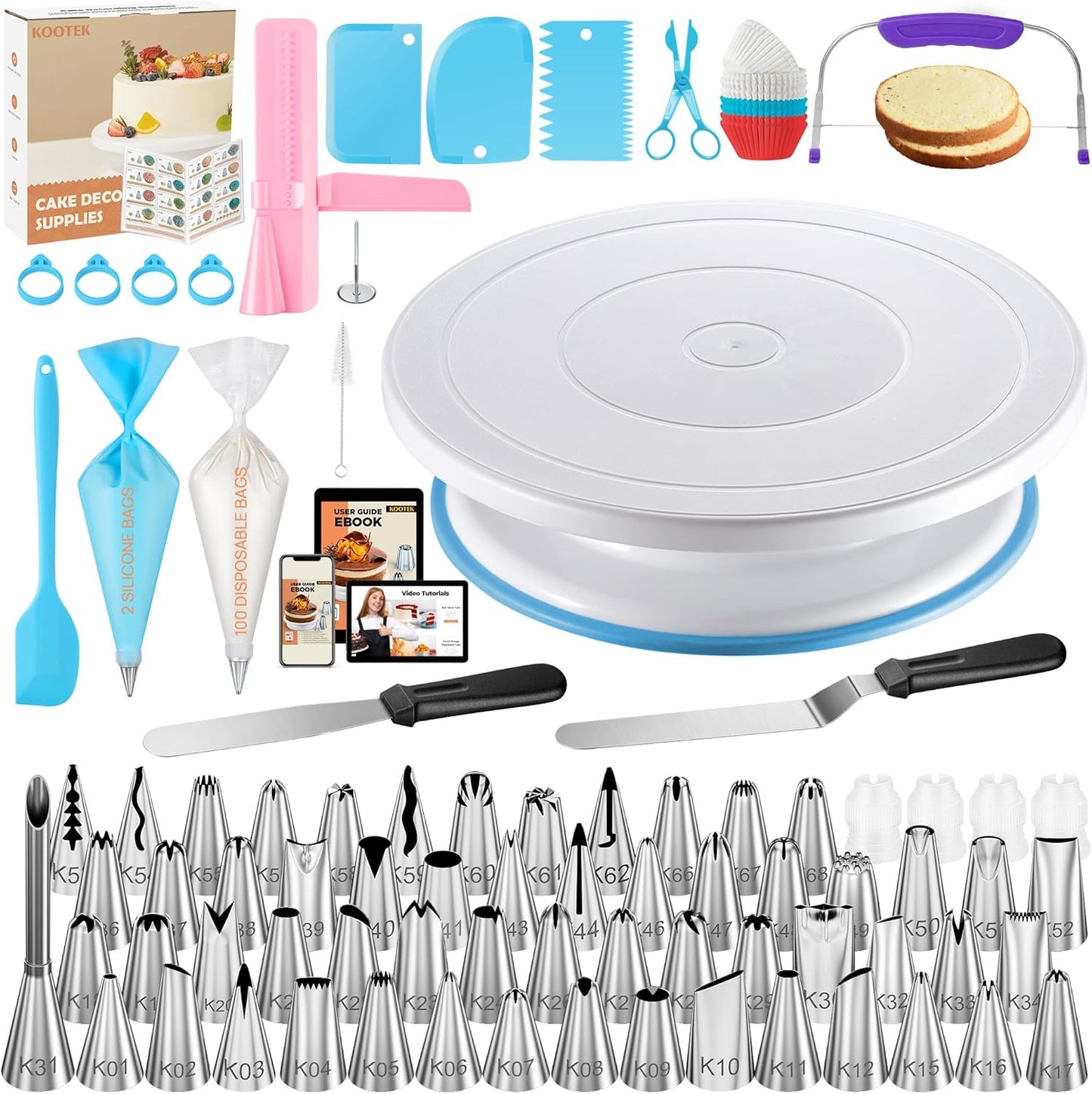 Kootek 230PCs Cake Decorating Kits, Baking Supplies Tools with Cake Stand Turntable, Piping Bags and Tips, Cake Leveler, Frosting Icing Spatulas & More Accessories for Cake Cupcake Decorations