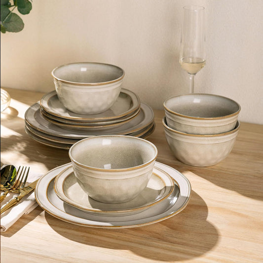 AmorArc Ceramic Dinnerware Sets,Stoneware Handmade Reactive Glaze Plates and Bowls Sets,Chip and Crack Resistant | Dishwasher & Microwave Safe,Dishes Set Service for 4 (12pc)
