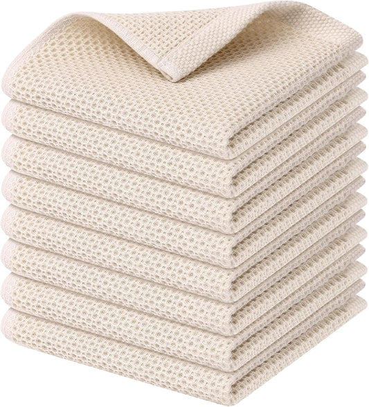 Kitinjoy 100% Cotton Kitchen Dish Cloths, 8 Pack Waffle Weave Ultra Soft Absorbent Dish Towels for Drying Dishes Quick Drying Kitchen Towels Dish Rags, 12 X 12Inch, Beige