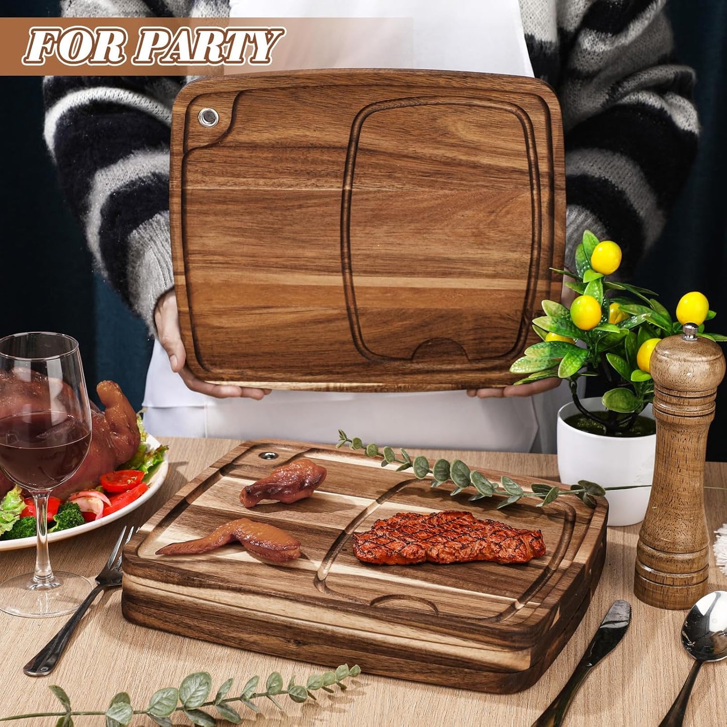 Uiifan 4 Pcs Steak Plates with Juice Channel Wooden Steak Board Set Acacia Cutting Serving Board for Home Serving Eating Meat Dishes Snack Dessert, 13 x 11 x 0.6 Inch