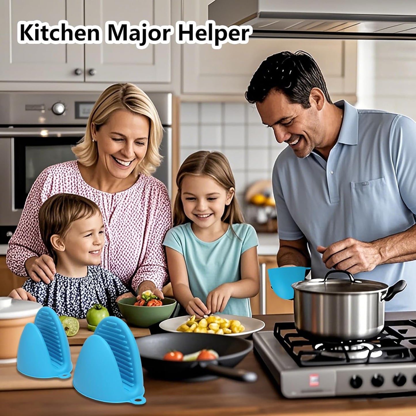 3 Pairs Oven Mitts Silicone Pot Holders Set Heat Resistant for Kitchen - Mini Silicone Oven Gloves Small Mittens Short Grips for Cooking & Baking, Blue