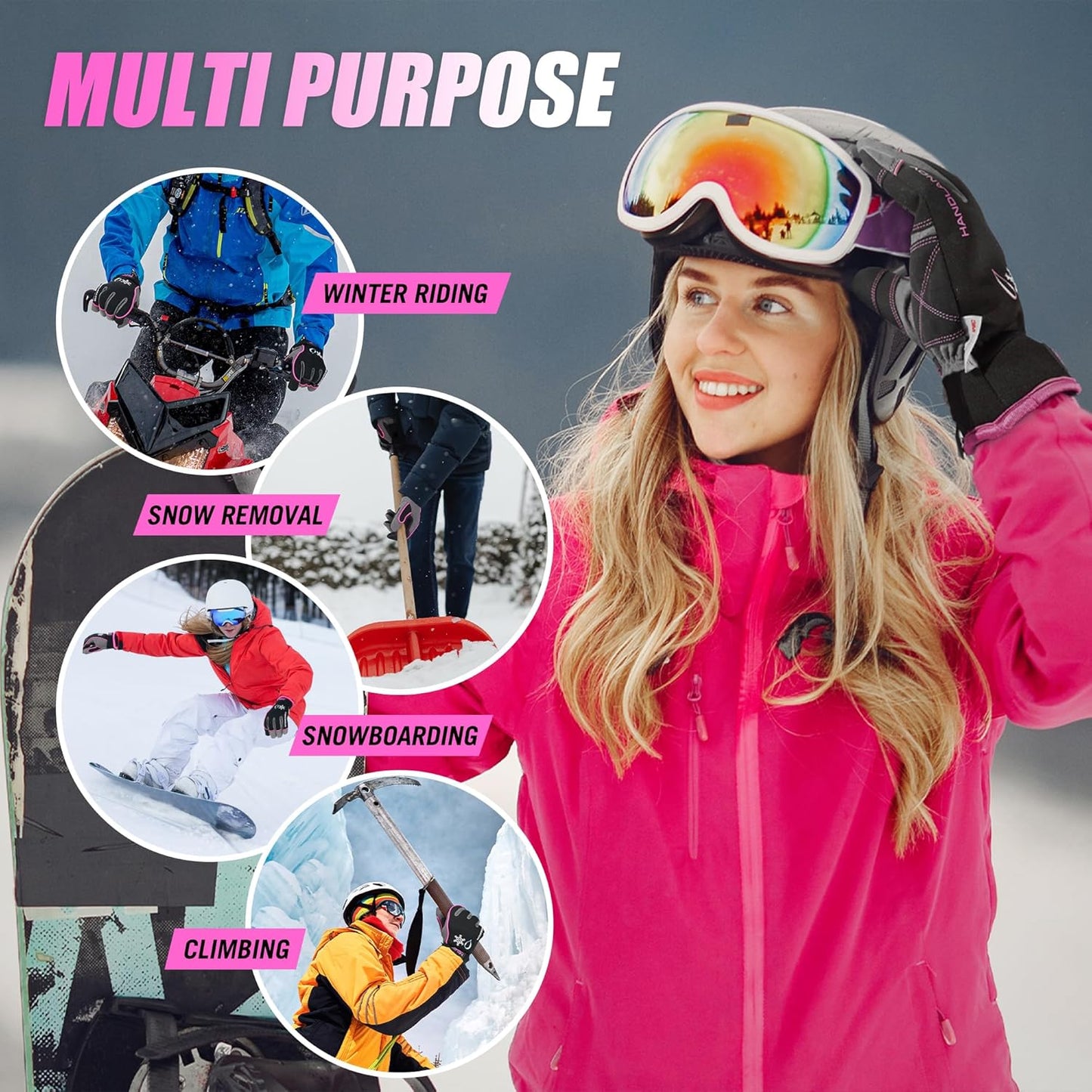 HANDLANDY Waterproof Insulated Work Gloves, 3M Thinsulate Thermal Winter Gloves for Men Women Touch Screen, Warm Ski Snowboard Cold Weather Gloves (Small, Pink)