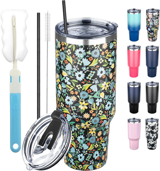 40 oz Tumbler with Lids and Straws, Stainless Steel Insulated Coffee Tumbler, Double Wall Vacuum Insulated Travel Mug Cup, Leakproof Thermal Coffee Cup for Hot and Cold Drinks (Blue Flower)