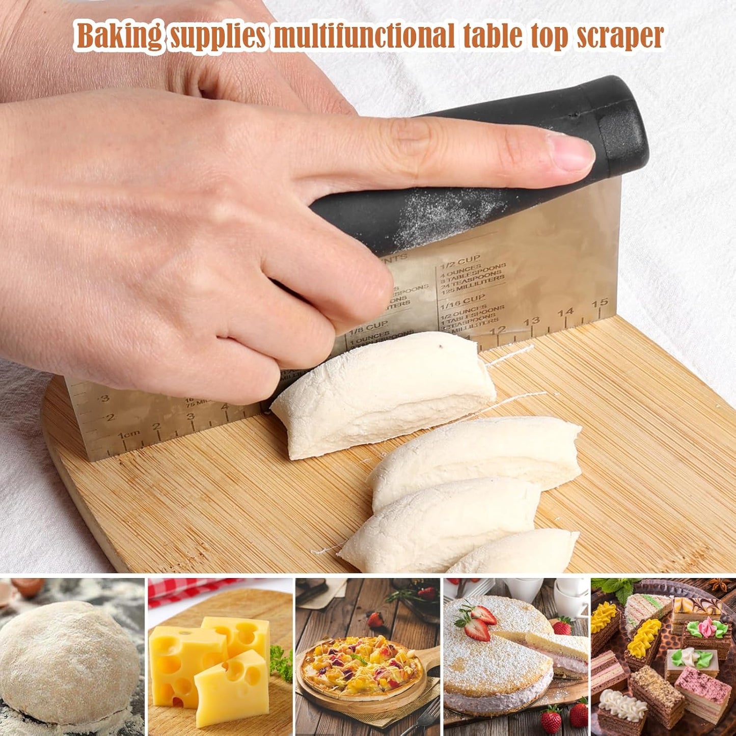 Stainless Steel Dough Scraper & Chopper - 6 Inch Multi-Purpose Kitchen Tools with Measuring Markings, Cutter for Dough, Cake,Griddle Scraper,Bench Scraper and Extra Bowl Shaped Scraper