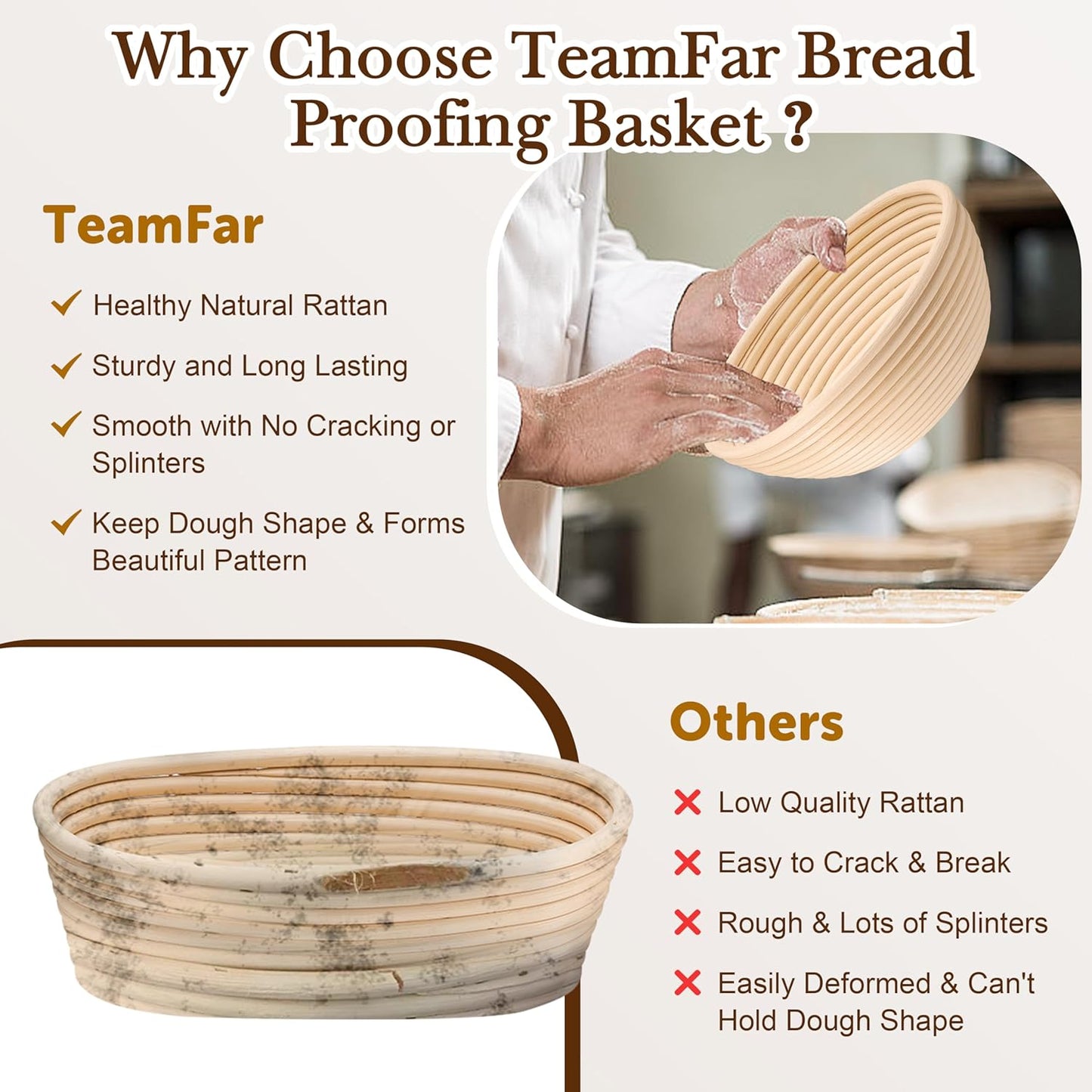 TeamFar Sourdough Bread Baking Supplies, 9” Round and 10” Oval Sourdough Starter Kit, Proofing Basket Set with Cloth Liner, Bread Lame, Whisk Dough, Bowl Scraper, Brush