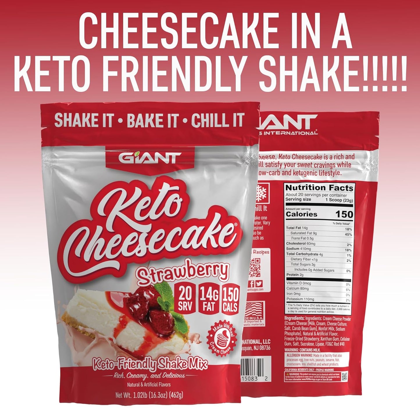 Giant Sports Keto Cheesecake Shake Mix - Delicious Low Carb, Ketogenic Diet Gluten Free Powder Mix - Works Great with Almond Milk - Strawberry (20 Serving Bag)