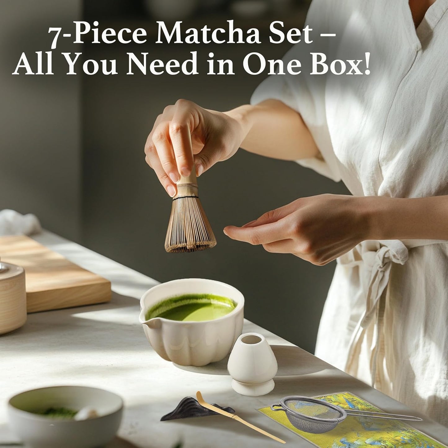 Matcha Whisk Set – 7 Pcs Japanese Matcha Kit, Bowl (Chawan) with Spout, Bamboo Whisk (Chasen) & Holder, Scoop (Chashaku), Sifter, Tea Towel – Perfect for Matcha Lovers & Tea Ceremony (White)
