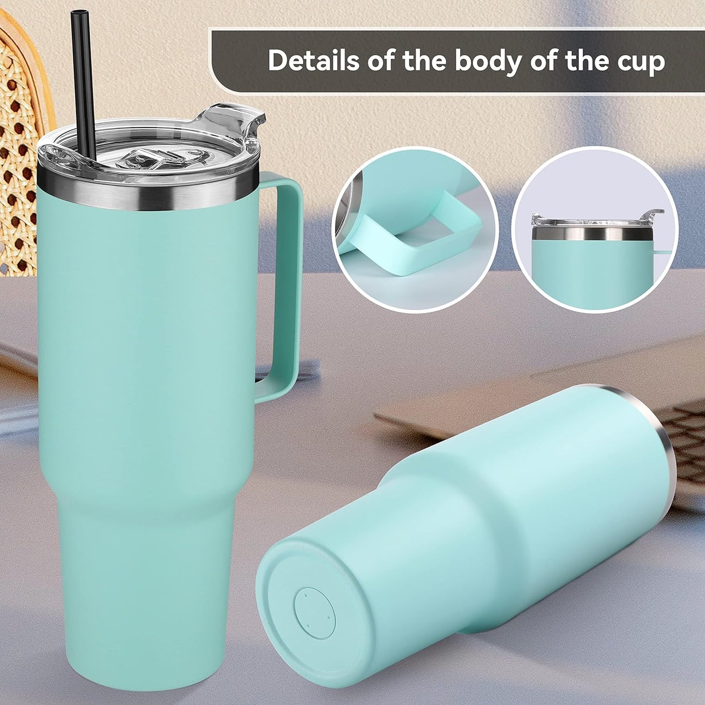 HASLE OUTFITTERS 40 oz Stainless Steel Tumbler with Handle, Vacuum Insulated Tumblers Bulk, Reusable Double Wall Travel Coffee Mug, Durable Powder Coated Water Bottles(Mint Green, 4)