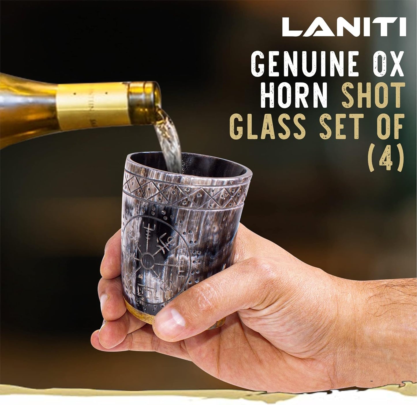 Ox Horn Shot Glass Set of 4 – Handcrafted Viking Cups with Unique Engraved Design – Cool Norse Horn Shot Glasses for Ancient Age Whiskey, Mead & Spirits – Rustic Gift for Men, Barware Collection