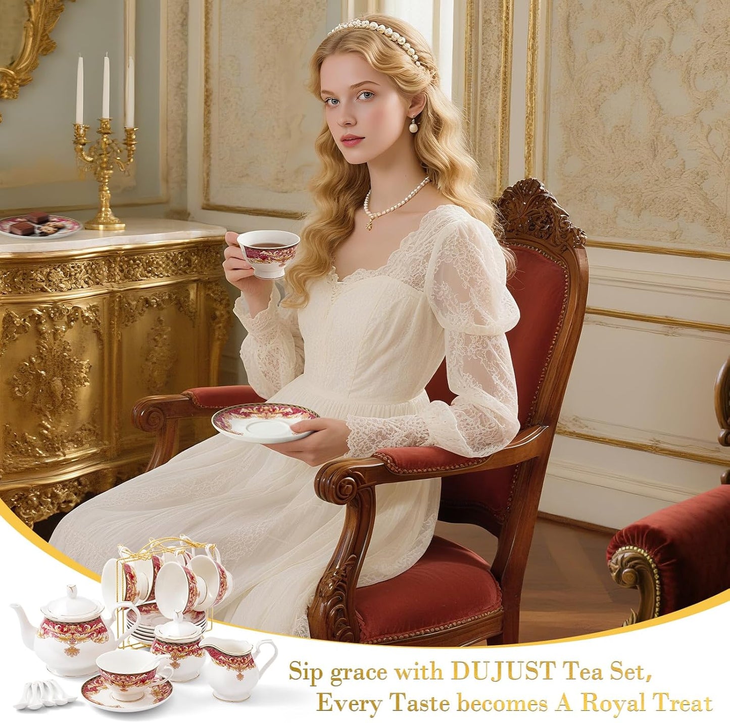 DUJUST 22 pcs Royal Vintage Porcelain Tea Set for 6, Luxury British Tea Sets for Adults with Red Patterns & Golden Trim, Beautiful Floral Tea/Coffee Cup Set, Gift Package - Royal Treat for You