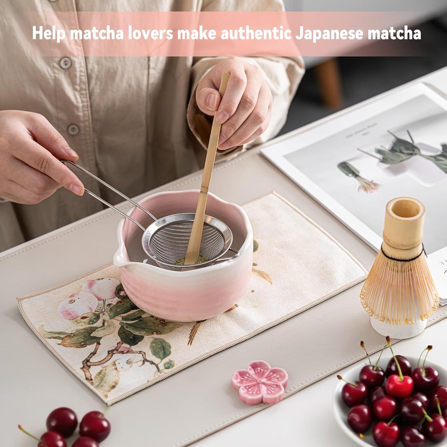 Matcha Whisk Set Ceramic Matcha Set Includes Bowl,Spout Bamboo Chasen Whisk with Ceramic Holder, Matcha Scoop and Stainless Sifter, Matcha Kit for Women,Gift for Matcha Lovers(7Pcs,Pink)