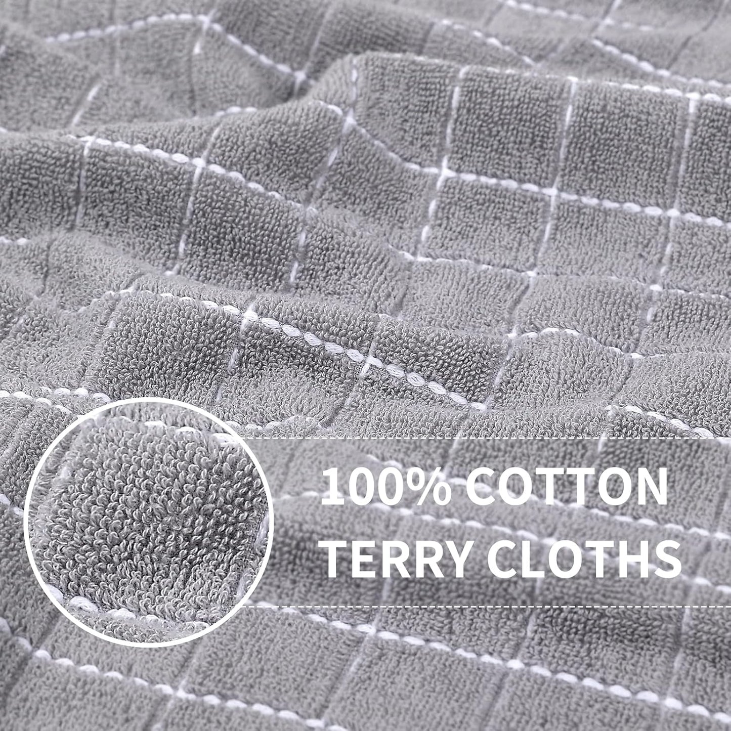 Homaxy 100% Cotton Terry Kitchen Towels(Light Grey, 13 x 28 Inches), Checkered Designed, Soft and Super Absorbent Dish Towels, 4 Pack