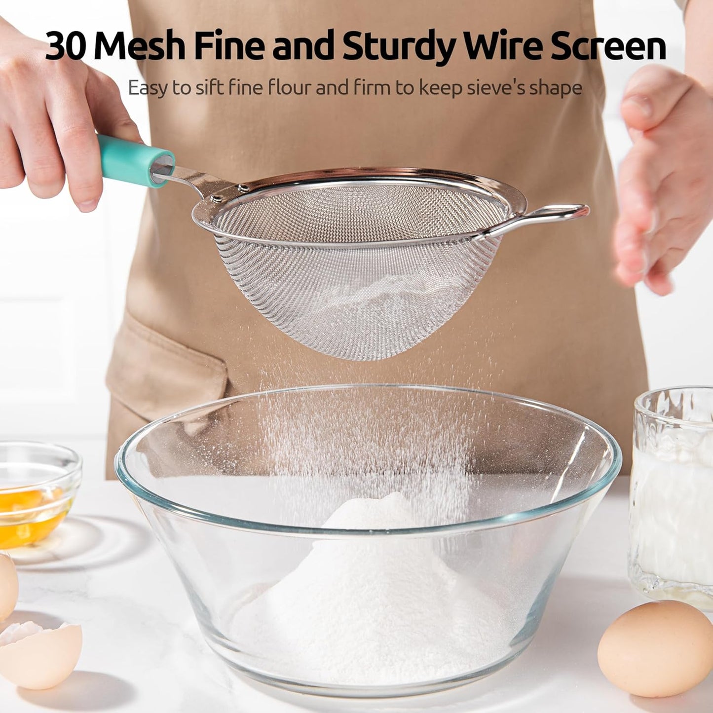 U-Taste Medium Fine Mesh Strainer: 18/8 Stainless Steel 4.73in 30 Mesh Kitchen Food Sieve with Sturdy Riveted Silicone Handle, Heavy Duty Deep Handheld Metal Colander for Rice, Quinoa, Flour(Aqua Sky)