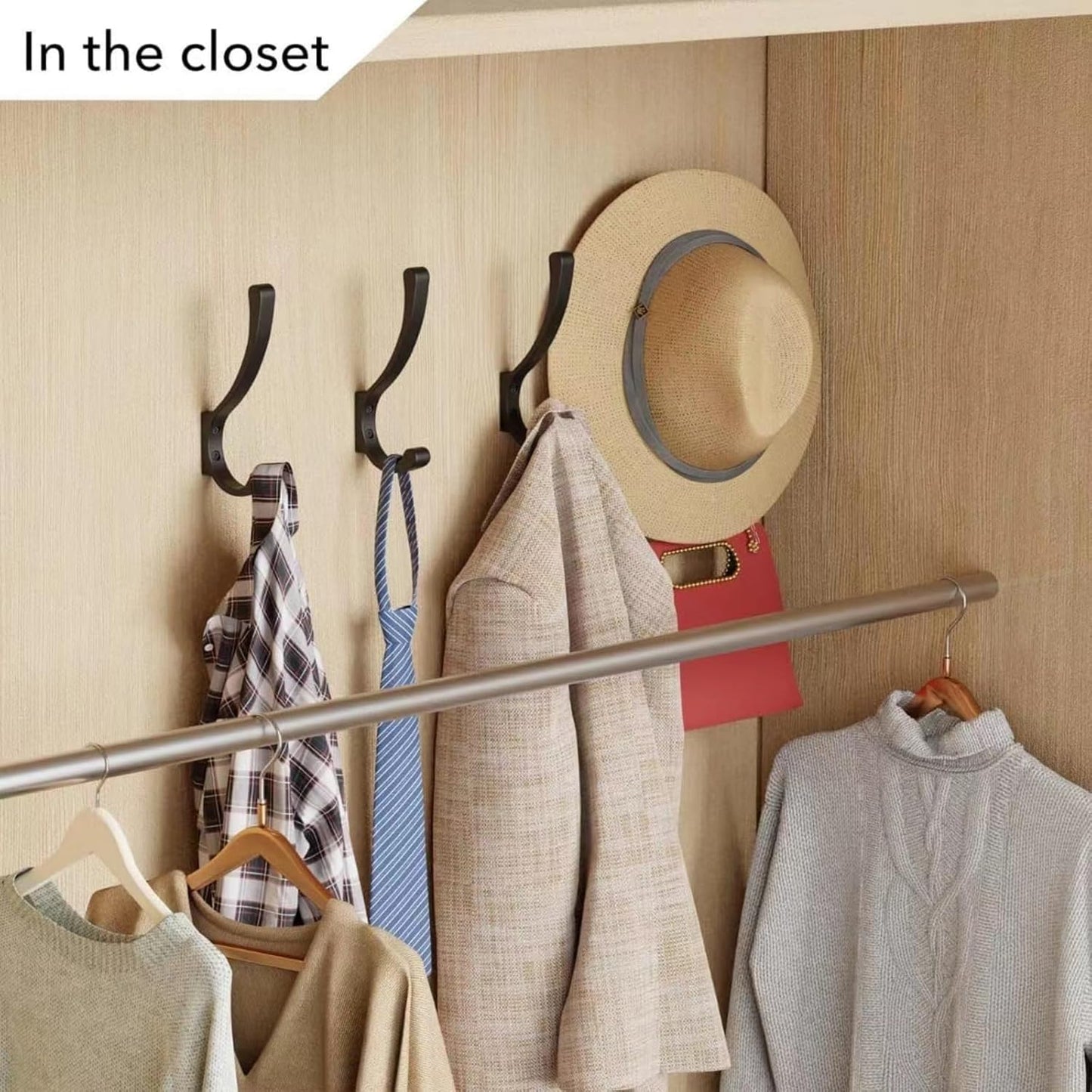 2 Pack Hanging Coat Hooks Wall Mount, Coat Hanger Wall Hangers, Metal Hooks for Hanging Heavy Duty, Screw in Hooks for Hanging Towels, Clothes, Backpack, Hat, Bag, Jacket, Key, Robe, Backpack Black