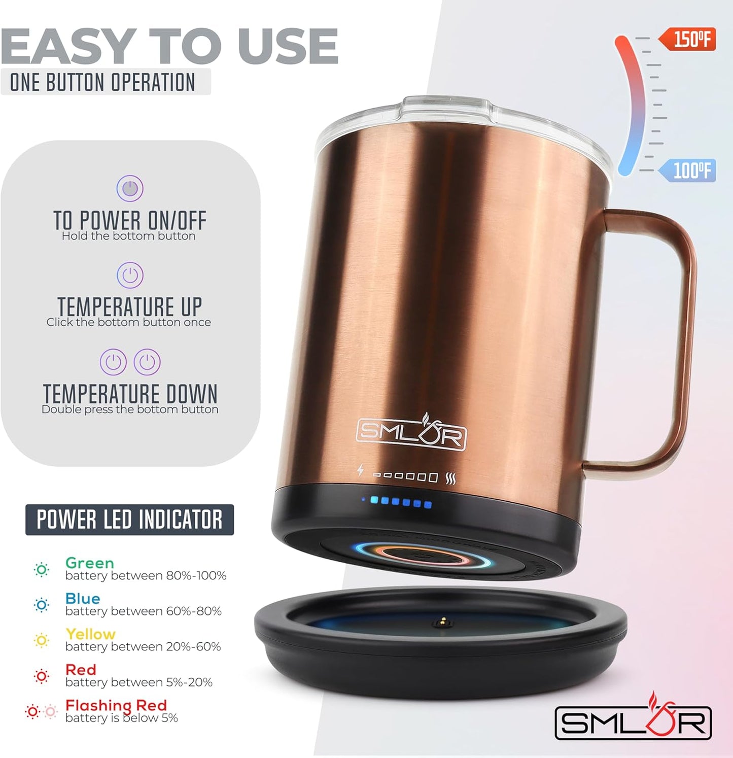 SMLDR Pro Heated Mug, 14 oz Smart Mug, Self-Heating, Adjustable Temperature, Battery Powered Heated Coffee Mug, Quick Recharge Time, Great for Coffee & Tea, Excellent Gift (Rose Gold)