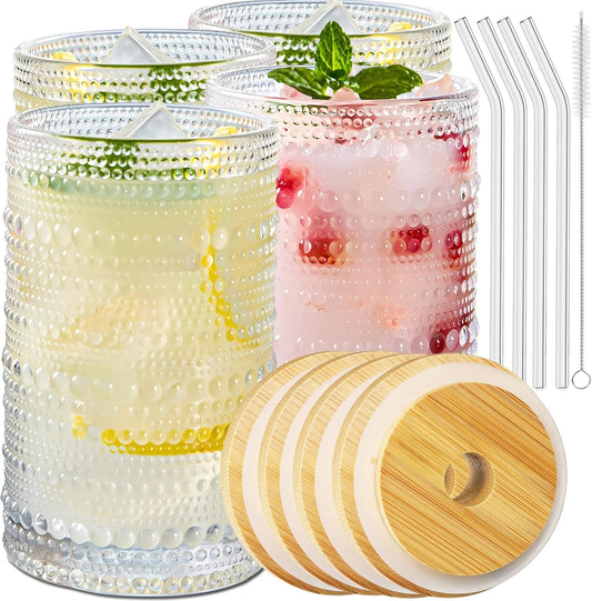 4 Pcs Iced Coffee Glasses Cups with Bamboo Lids and Straws,12 oz Thick Emboss Beaded Drinking Glass Cup Set,Latte Glasses,Ideal for Water,Soda,Gift - with Cleaning Brushe