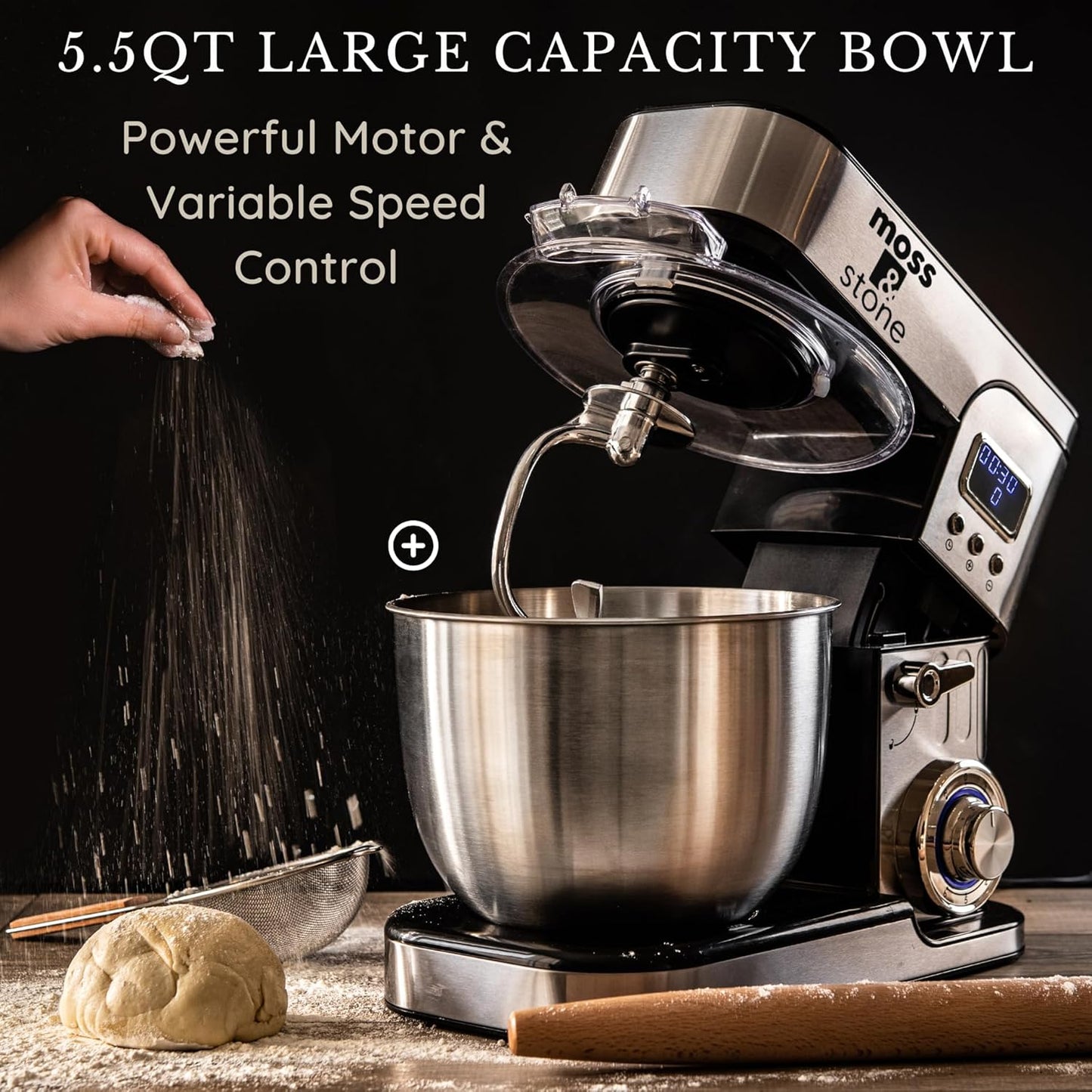 Moss & Stone Stand Mixer With Lcd Display, 6 Speed Electric Mixer With 5.5 Quart Stainless Steel Mixing Bowl, Kitchen Mixer With Dough Hook, Egg Whisk, Beater & Baking Spatula, Food Mixer With Timer