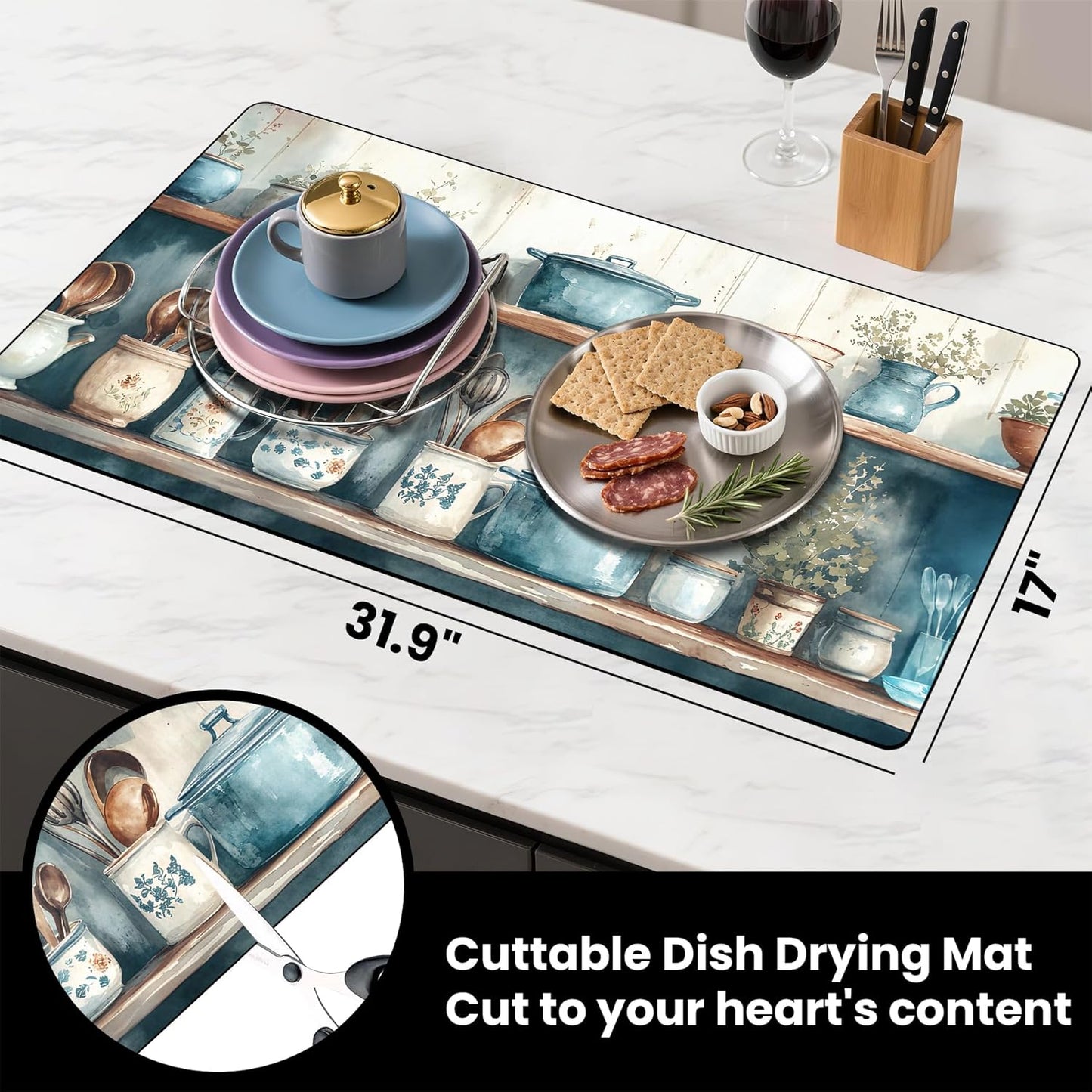 17"x 32" Coffee Bar Mat, Kitchen Shelves Absorbent Dish Drying Mat Cuttable Hide Stain Draining Table Pad for Kitchen Counter, Coffee Bar Accessories