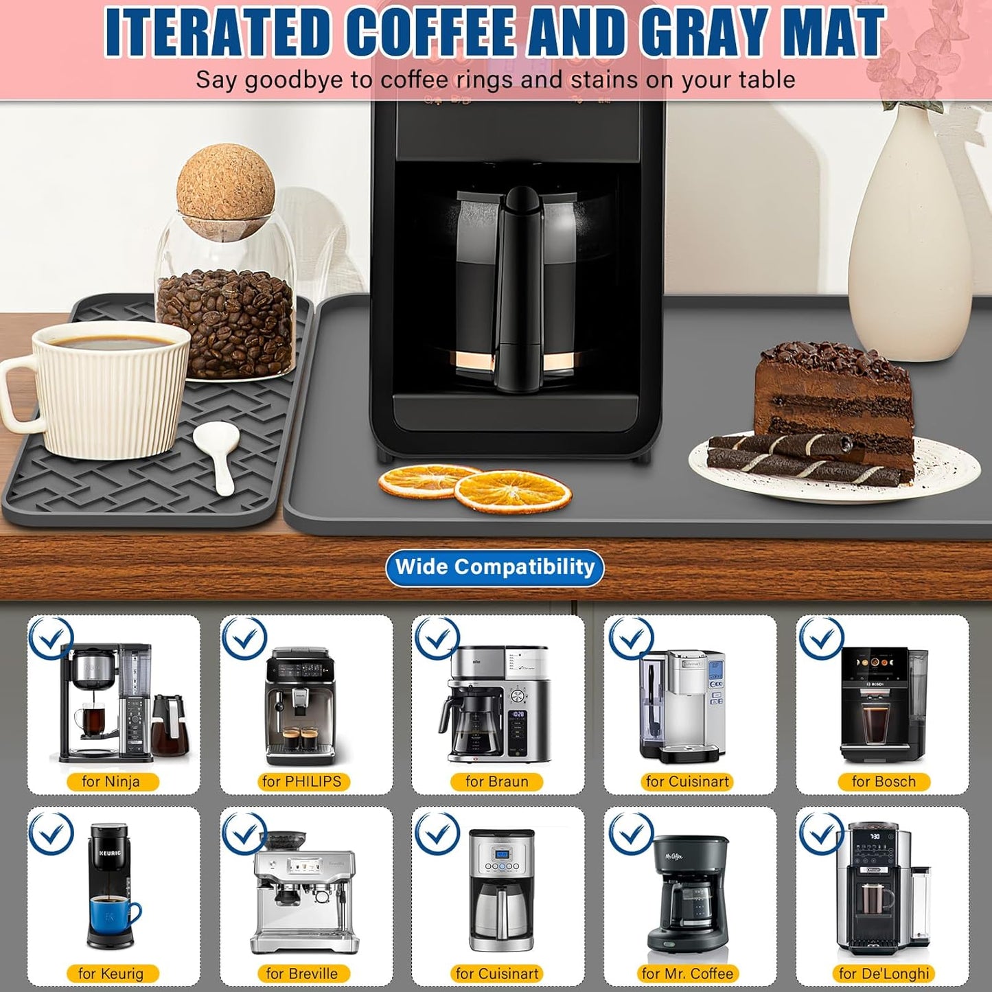 Silicone Coffee Mat - Removable Bar Mat with Concave and Convex Design, Leak-Proof and Non-Slip, Suitable for Use Under the Coffee Machine to Keep the Countertop Clean (Grey24"x16")