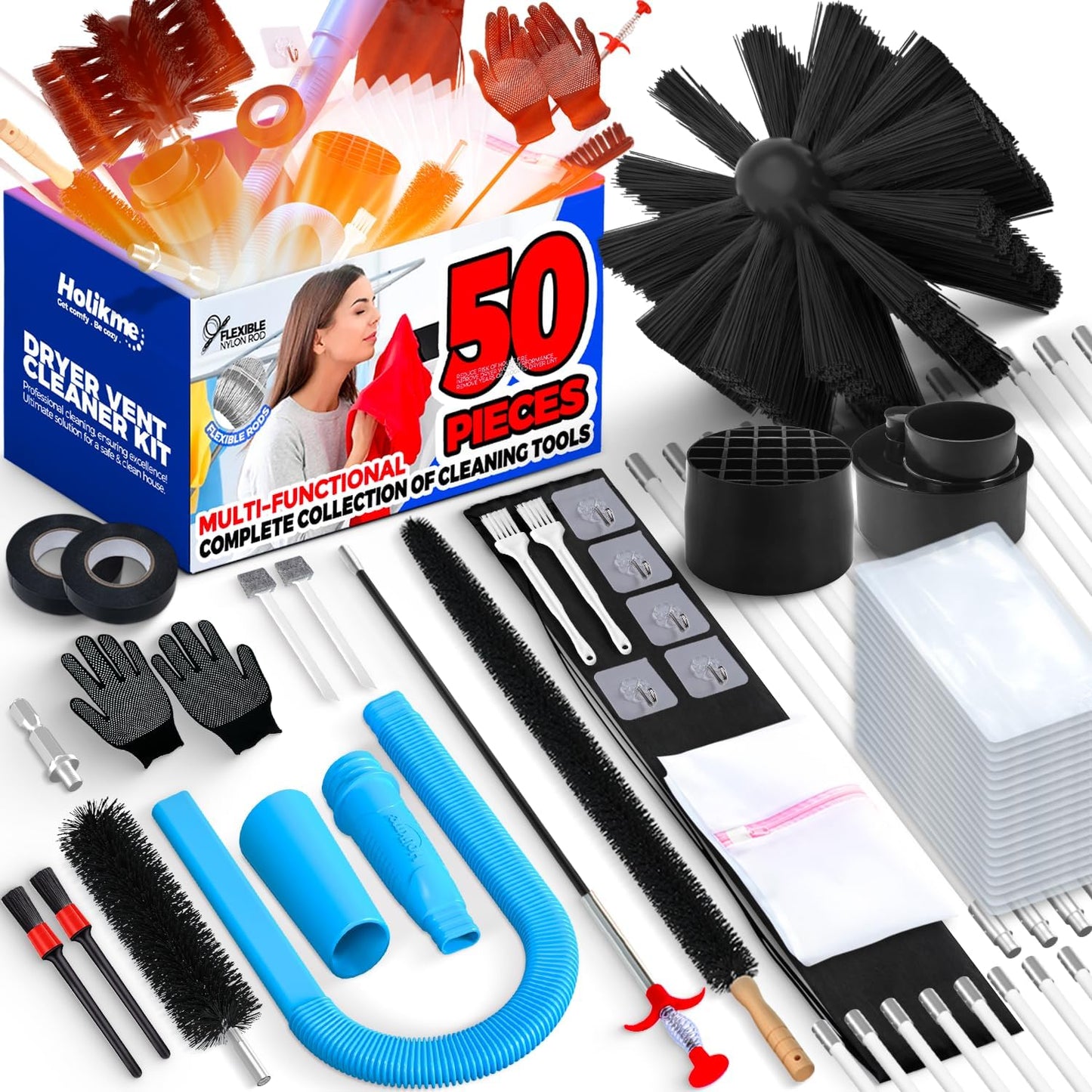 Holikme 50 Pieces 32 Feet Dryer Vent Cleaner Kit, Dryer Cleaning Tools, Include Dryer Vent Brush, Omnidirectional Blue Dryer Lint Vacuum Attachment, Dryer Lint Trap Brush, Vacuum & Dryer Adapters