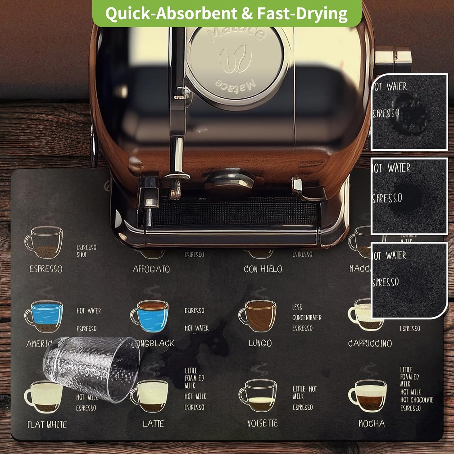 Matace Designer Coffee Bar Mat, Extra Large 17 x 31.5 Inches, Rubber Backing, Absorbent Coffee Maker Mats for Dish Drying, Kitchen Countertop, Coffee Flavor Menu, Black