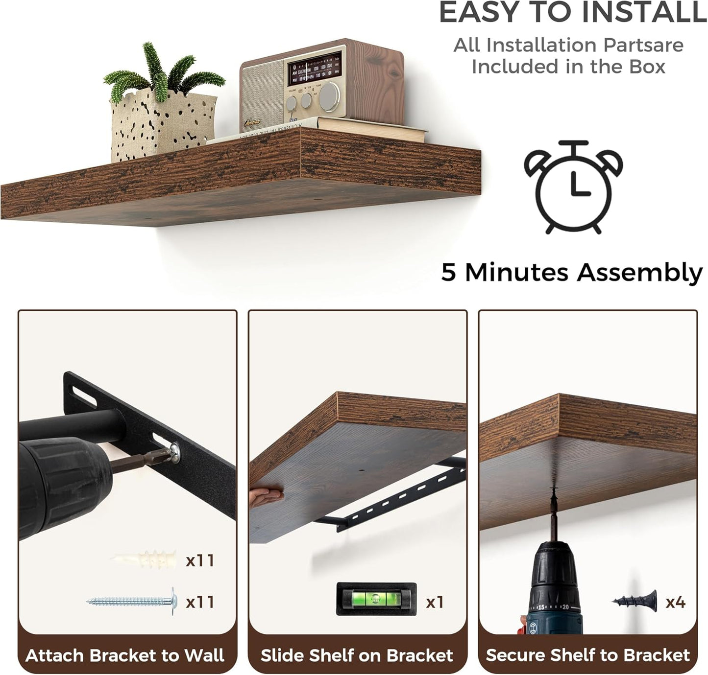 Floating Shelves for Wall, Large Wall Mounted Shelves with Invisible Brackets, Long Wood Floating Shelf for Living Room, Bedroom, Kitchen, (Brown, 55" W x 9" D x 1.5" H)