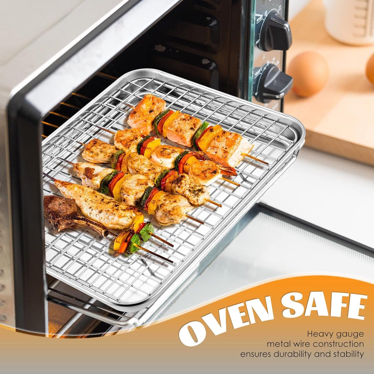 Small Baking Cooling Rack Set of 2, E-far Stainless Steel Toaster Oven Rack for Cooking Roasting Grilling Broiling Meat Bacon, 9.7” x 7.3” Metal Bakeable Wire Racks for Cookie Cake - Dishwasher Safe