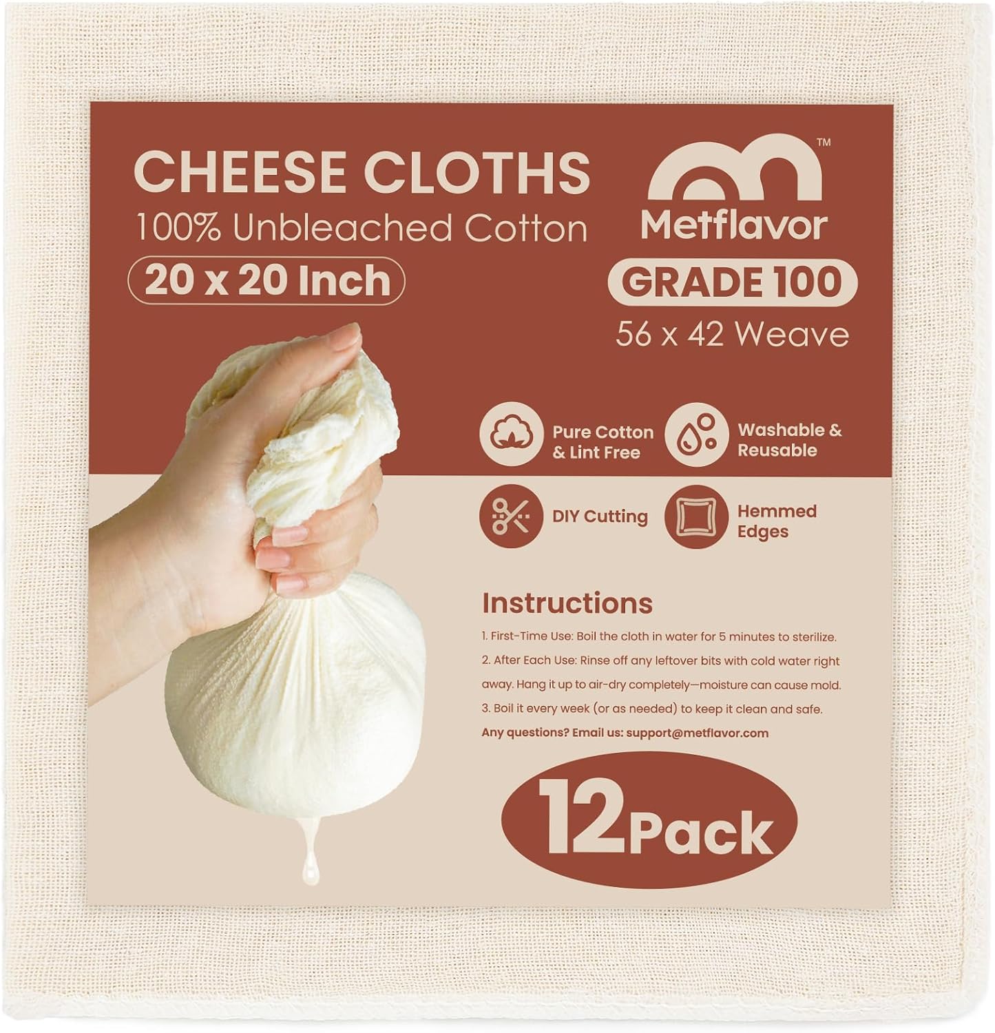 12Pcs Reusable Cheesecloth for Straining 20x20 Inch,100 Grade Cheese Cloths Hemmed Edges, 100% Unbleached Cotton Cheese Cloth,Ultra-Dense Cloth Strainer for Yogurt/Nut Milk/Baking Making 56x42 Weave