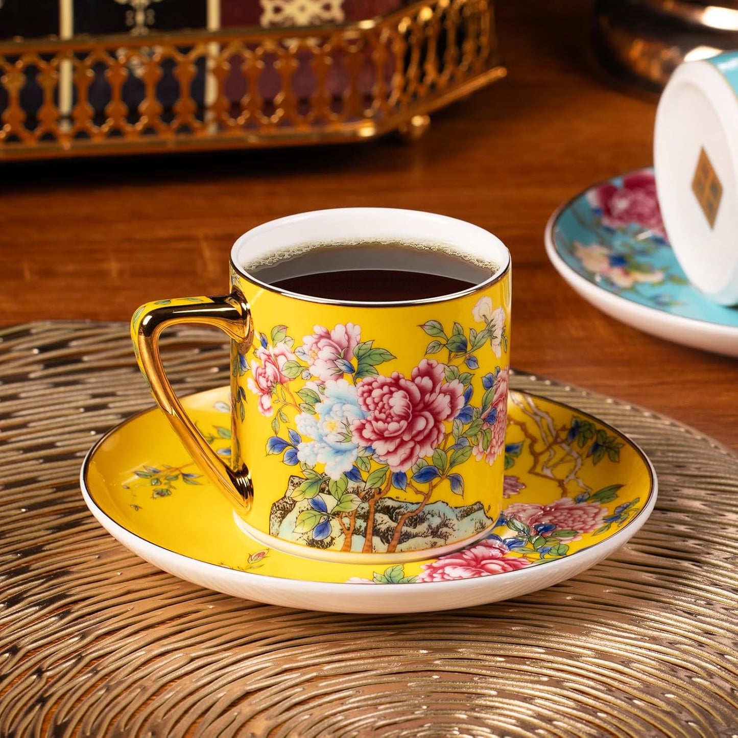 KAMMAK Tea Cups and Saucers Set of 2, Porcelain Coffee Cup with Saucer for Espresso, Cappuccino, 7.5oz Vintage Yellow and Blue Floral Ceramic Demitasse Mug for Home, Tea Party, Office