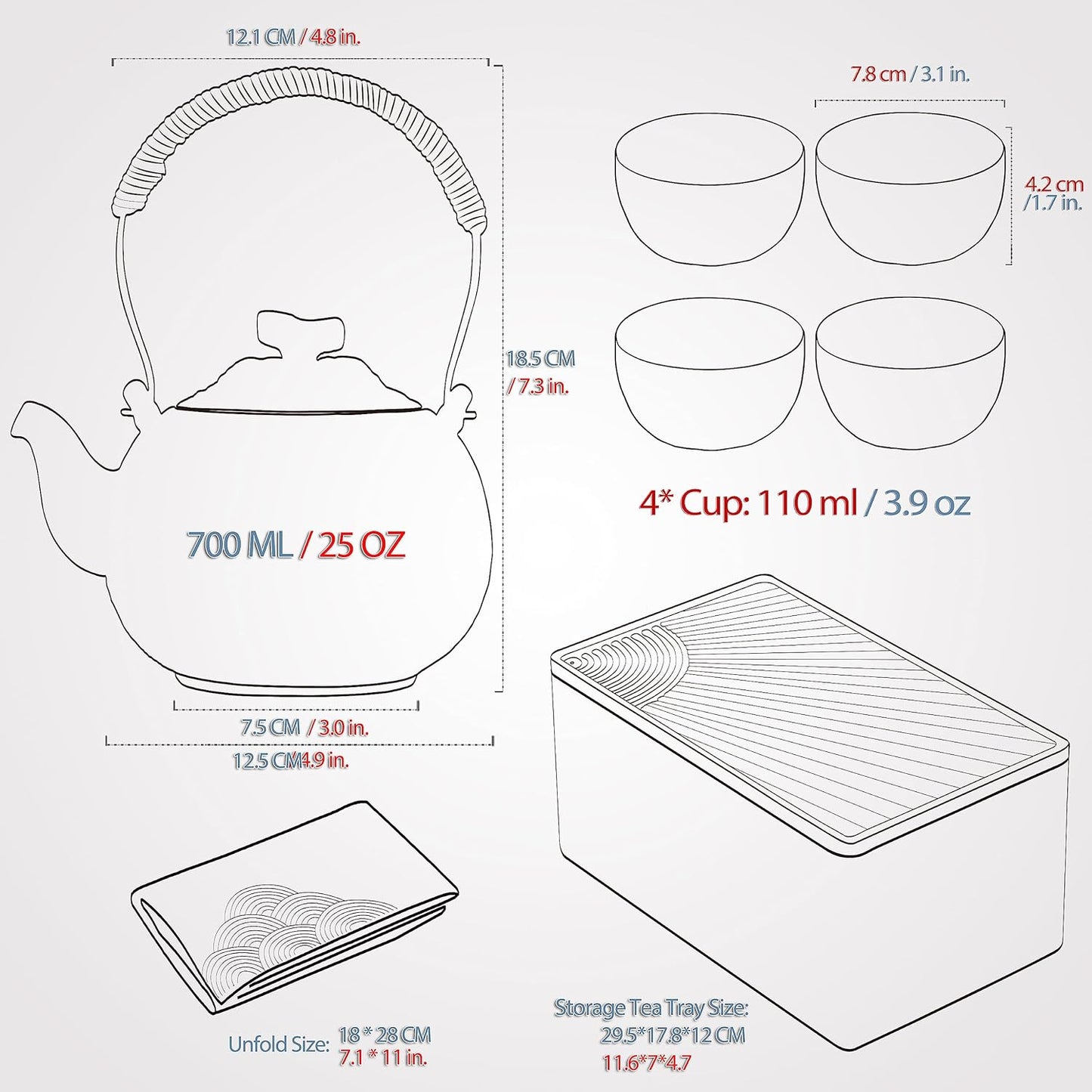 TEANAGOO Japanese Tea Set, Chinese Tea Sets, Porcelain Japanese Tea Cups, Chinese Gongfu Tea Set, Asian Tea Set for Adults, Japanese Teapot Set, 1 Teapot (700ml/25oz) + 4 Tea Cups(205ml/7.2oz), U4